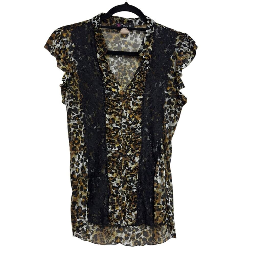 Y2K Semi Sheer V-Neck Ruffle Sleeve Leopard Print Lace Top - Size M